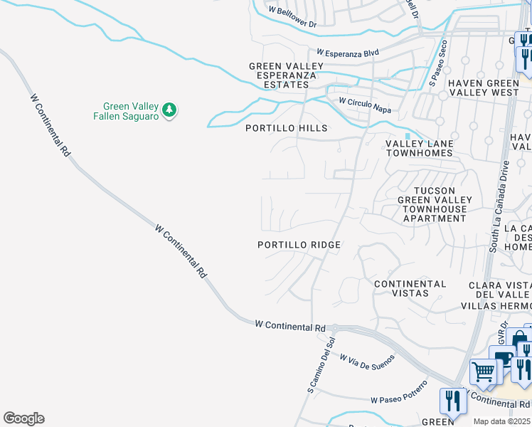 map of restaurants, bars, coffee shops, grocery stores, and more near 648 South Placita Prosperidad in Green Valley