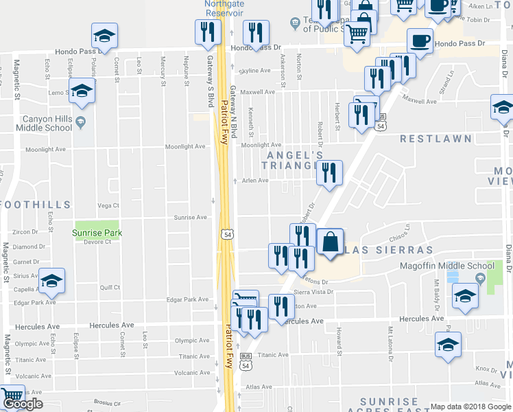 map of restaurants, bars, coffee shops, grocery stores, and more near 4425 Sunrise Avenue in El Paso