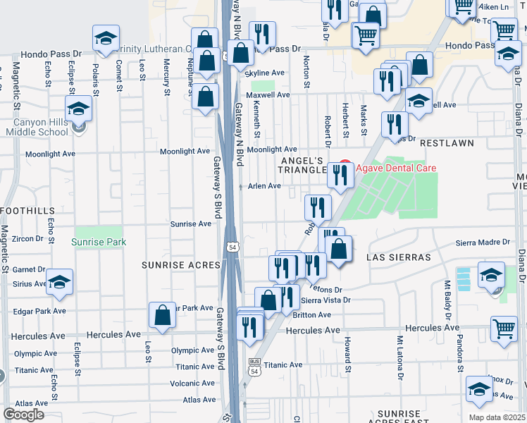 map of restaurants, bars, coffee shops, grocery stores, and more near 4425 Sunrise Avenue in El Paso