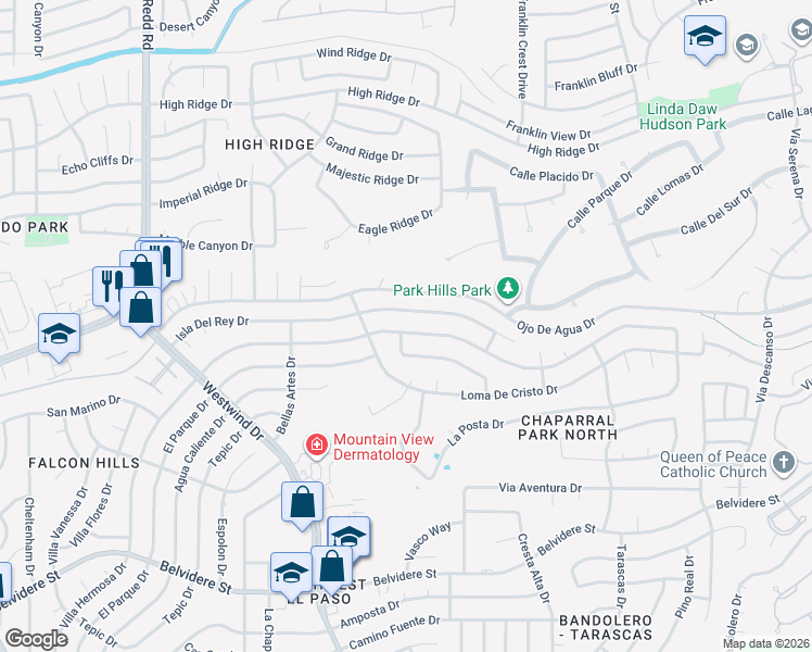 map of restaurants, bars, coffee shops, grocery stores, and more near 6565 Brisa Del Mar Drive in El Paso