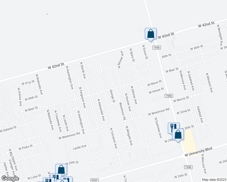 map of restaurants, bars, coffee shops, grocery stores, and more near 6605 West Blair Street in Odessa