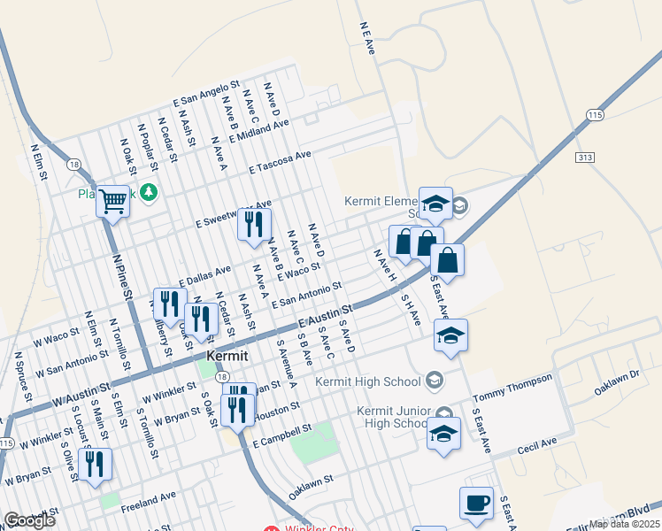 map of restaurants, bars, coffee shops, grocery stores, and more near 209 North Avenue D in Kermit