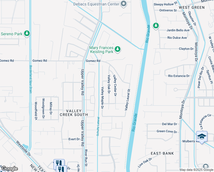 map of restaurants, bars, coffee shops, grocery stores, and more near 5637 Valley Oak Drive in El Paso