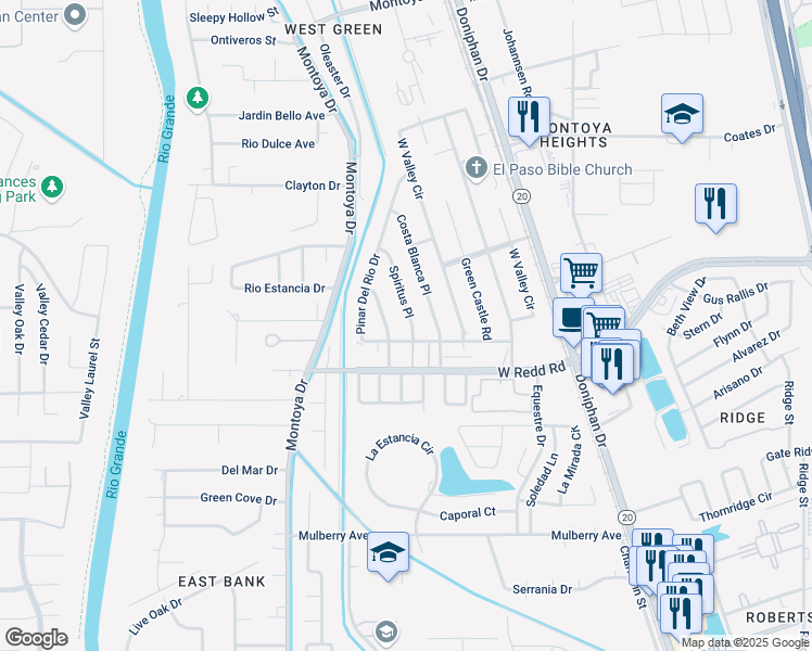map of restaurants, bars, coffee shops, grocery stores, and more near 5624 Navarie Place in El Paso