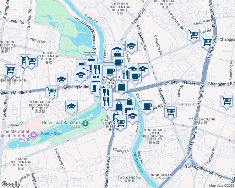 map of restaurants, bars, coffee shops, grocery stores, and more near in Hefei