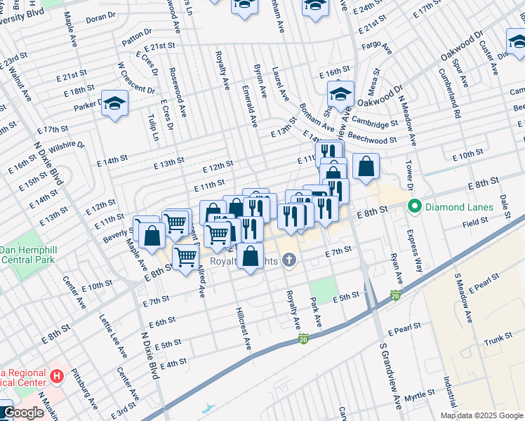 map of restaurants, bars, coffee shops, grocery stores, and more near 2012 East 10th Street in Odessa