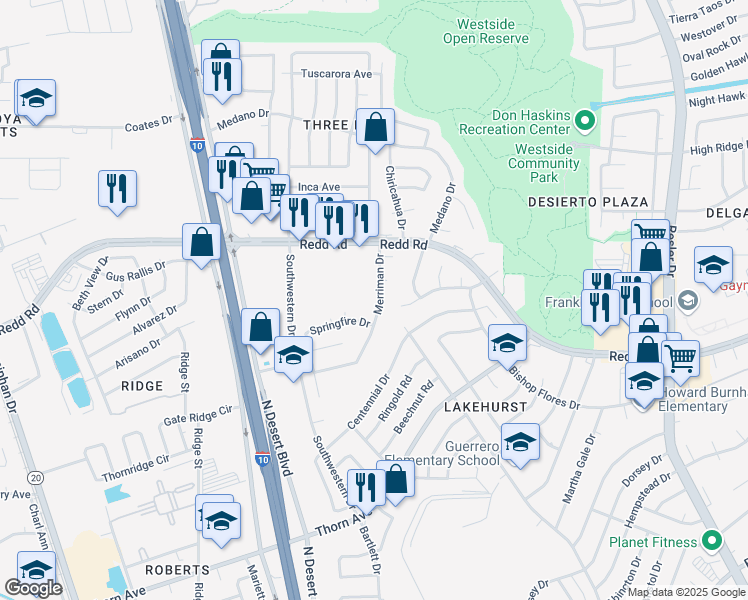map of restaurants, bars, coffee shops, grocery stores, and more near 725 Merriman Dr in El Paso