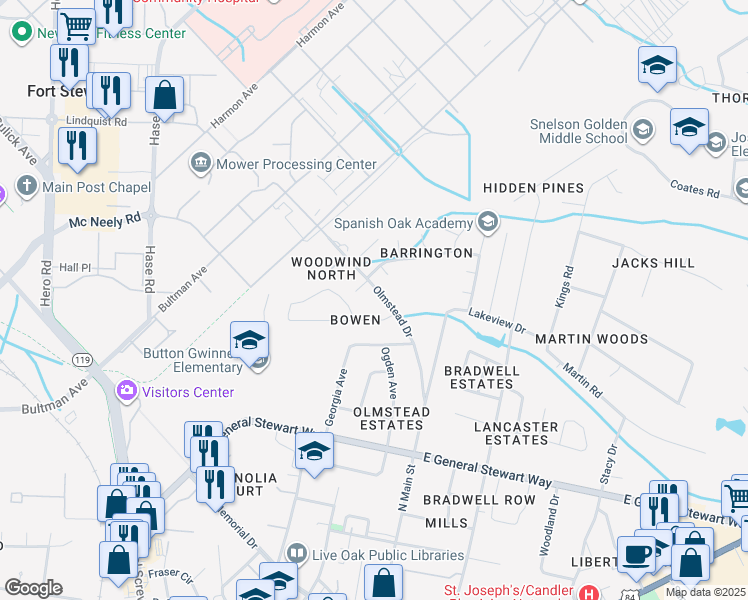 map of restaurants, bars, coffee shops, grocery stores, and more near 807 Olmstead Drive in Hinesville