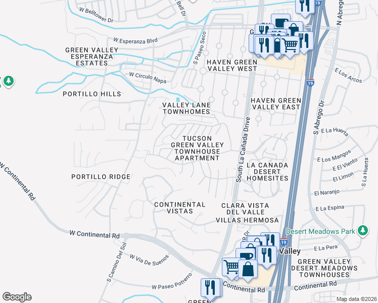 map of restaurants, bars, coffee shops, grocery stores, and more near 625 South Los Rubies Circle in Green Valley
