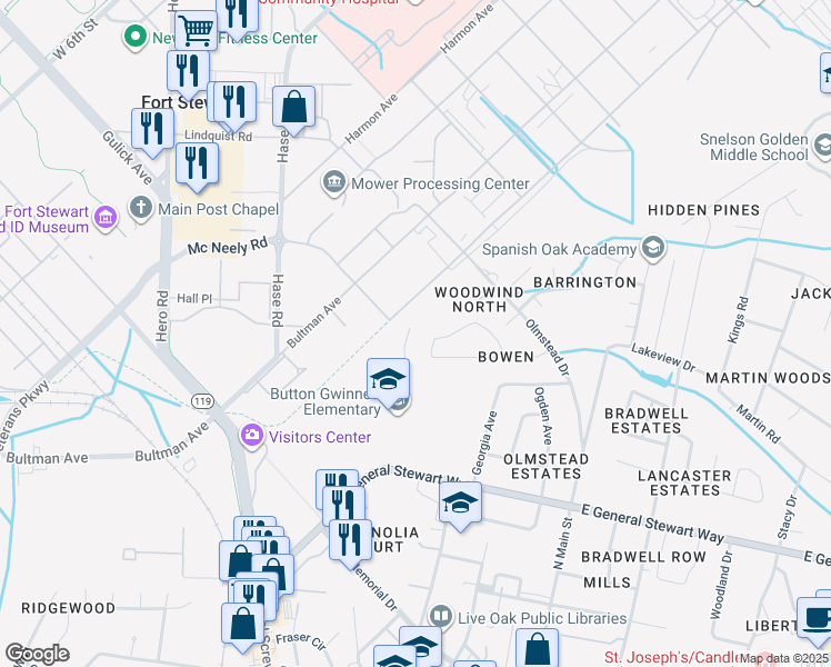 map of restaurants, bars, coffee shops, grocery stores, and more near 820 Taylor Road in Hinesville