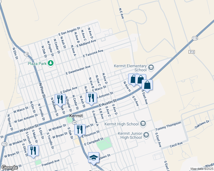 map of restaurants, bars, coffee shops, grocery stores, and more near 209 North Avenue D in Kermit