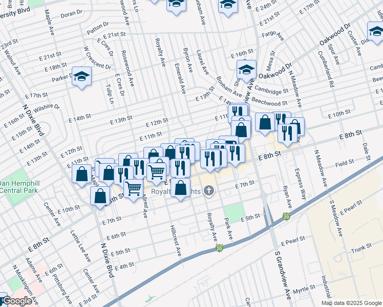 map of restaurants, bars, coffee shops, grocery stores, and more near 2012 East 10th Street in Odessa