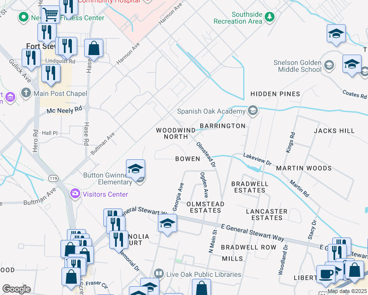 map of restaurants, bars, coffee shops, grocery stores, and more near 210 Honey Lane Circle in Hinesville