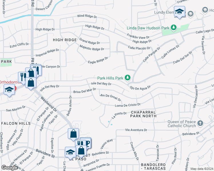 map of restaurants, bars, coffee shops, grocery stores, and more near 6544 Isla Del Rey Drive in El Paso