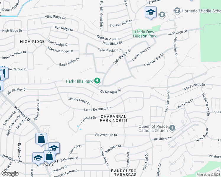 map of restaurants, bars, coffee shops, grocery stores, and more near 6478 Calle Del Sol Drive in El Paso