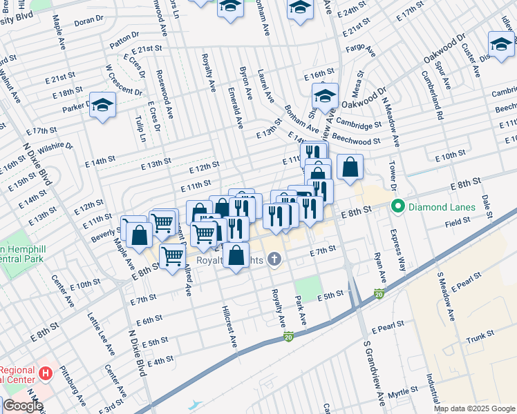 map of restaurants, bars, coffee shops, grocery stores, and more near 2012 East 10th Street in Odessa