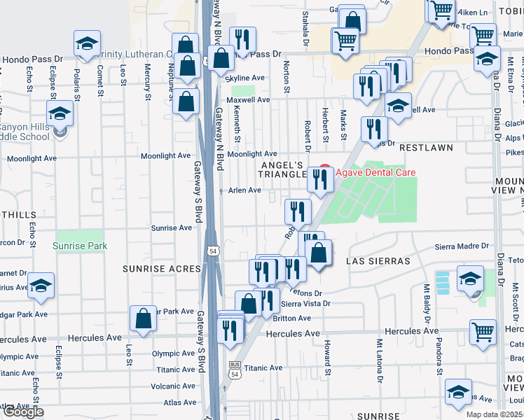 map of restaurants, bars, coffee shops, grocery stores, and more near 4515 Sunrise Avenue in El Paso