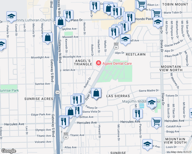map of restaurants, bars, coffee shops, grocery stores, and more near 8733 Dyer Street in El Paso