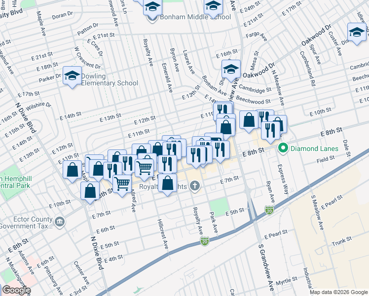 map of restaurants, bars, coffee shops, grocery stores, and more near 2100 East 10th Street in Odessa