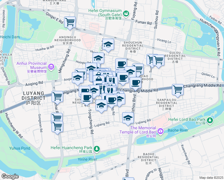 map of restaurants, bars, coffee shops, grocery stores, and more near Chang Jiang Zhong Lu in He Fei Shi