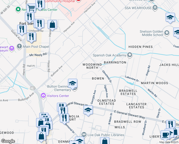 map of restaurants, bars, coffee shops, grocery stores, and more near 221 Honey Lane Circle in Hinesville