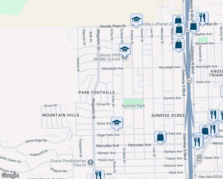 map of restaurants, bars, coffee shops, grocery stores, and more near 8714 Dolomite Drive in El Paso