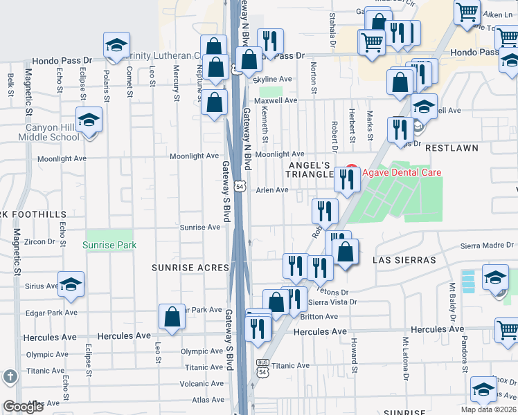 map of restaurants, bars, coffee shops, grocery stores, and more near 8740 Gateway North Boulevard in El Paso