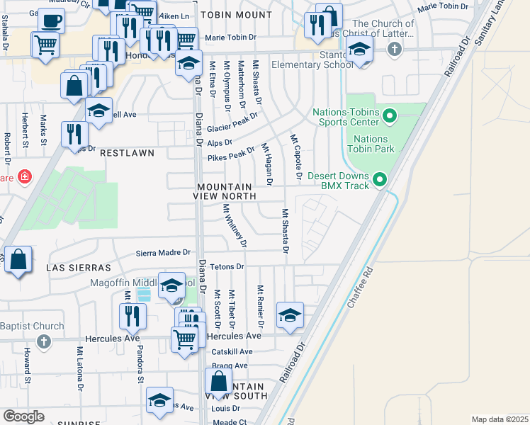 map of restaurants, bars, coffee shops, grocery stores, and more near 5115 Mount Hood Drive in El Paso