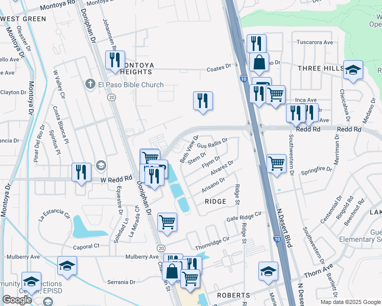 map of restaurants, bars, coffee shops, grocery stores, and more near 5566 Beth View Drive in El Paso