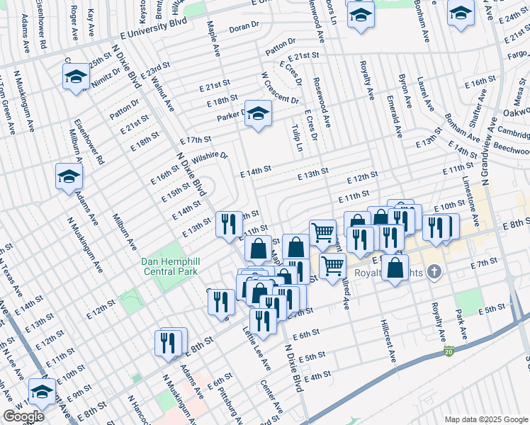 map of restaurants, bars, coffee shops, grocery stores, and more near 1106 Maple Avenue in Odessa