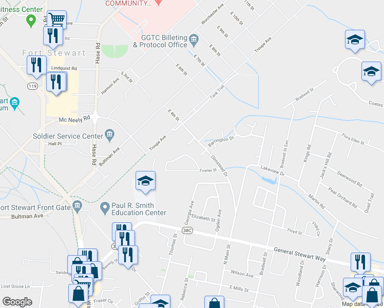 map of restaurants, bars, coffee shops, grocery stores, and more near 216 Honey Lane Circle in Hinesville