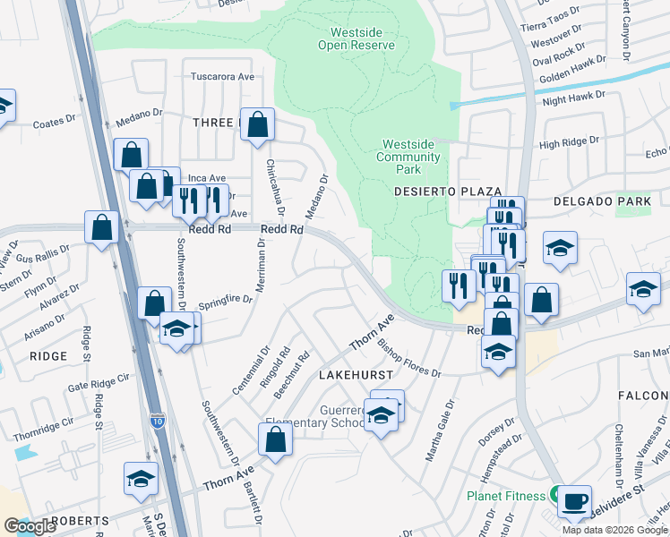 map of restaurants, bars, coffee shops, grocery stores, and more near 7623 Windcrest Drive in El Paso