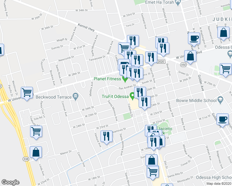 map of restaurants, bars, coffee shops, grocery stores, and more near 1401 San Andres Drive in Odessa