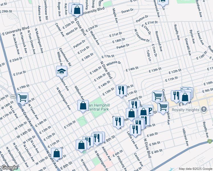 map of restaurants, bars, coffee shops, grocery stores, and more near 914 East 14th Street in Odessa