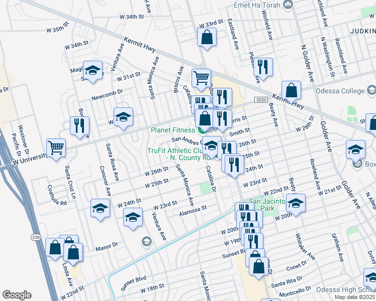 map of restaurants, bars, coffee shops, grocery stores, and more near 1401 San Andres Dr in Odessa