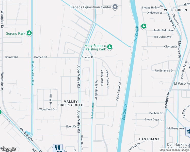 map of restaurants, bars, coffee shops, grocery stores, and more near 5624 River Run in El Paso