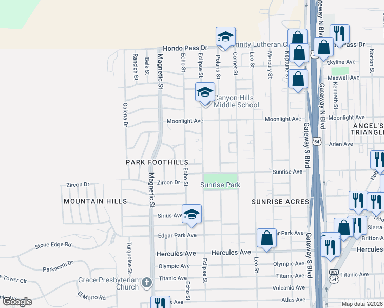 map of restaurants, bars, coffee shops, grocery stores, and more near 3613 Amber Drive in El Paso