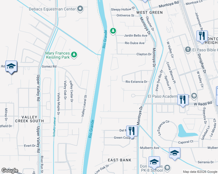 map of restaurants, bars, coffee shops, grocery stores, and more near 5603 Melody Lane in El Paso