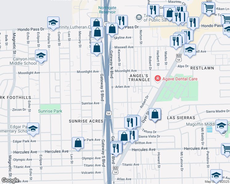 map of restaurants, bars, coffee shops, grocery stores, and more near 8712 Gateway North Boulevard in El Paso