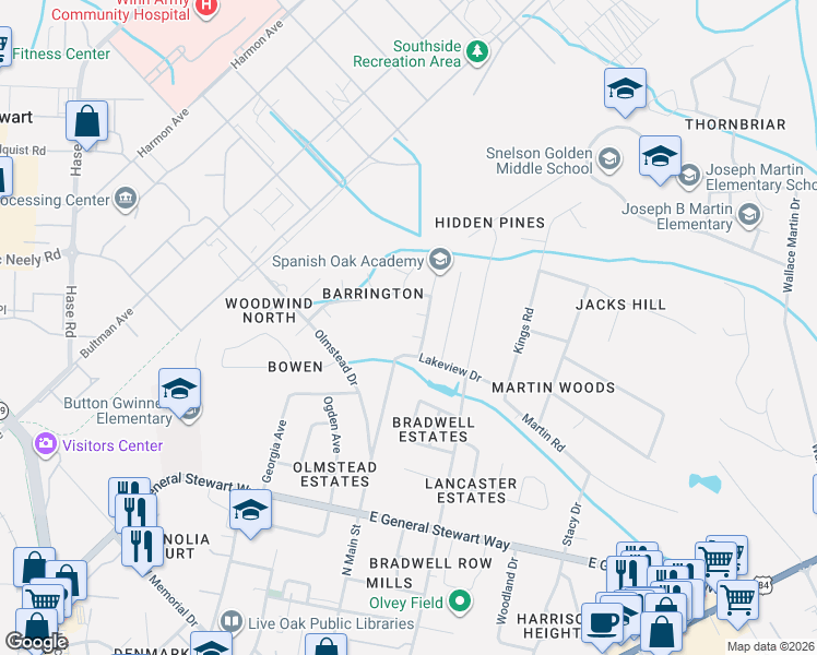 map of restaurants, bars, coffee shops, grocery stores, and more near 805 Ketch Court in Hinesville