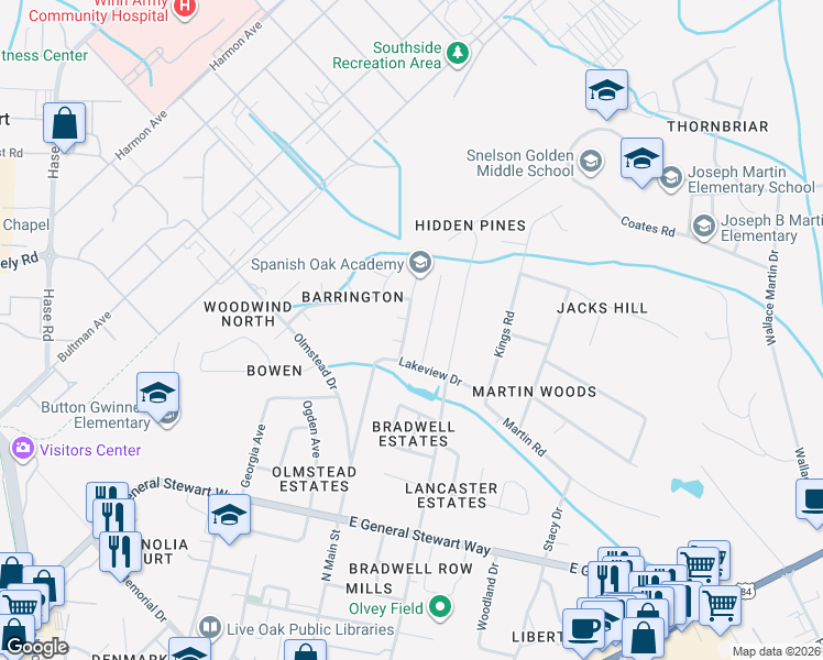 map of restaurants, bars, coffee shops, grocery stores, and more near 810 Spanish Oak Drive in Hinesville