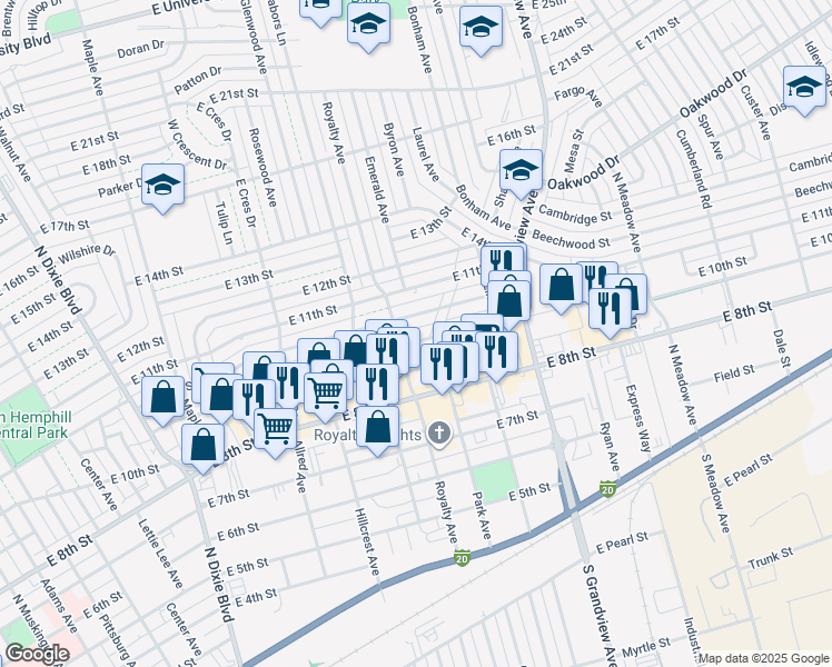 map of restaurants, bars, coffee shops, grocery stores, and more near 2012 East 10th Street in Odessa
