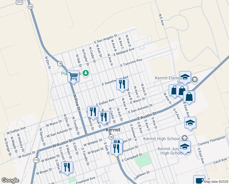 map of restaurants, bars, coffee shops, grocery stores, and more near 514 East Dallas Avenue in Kermit