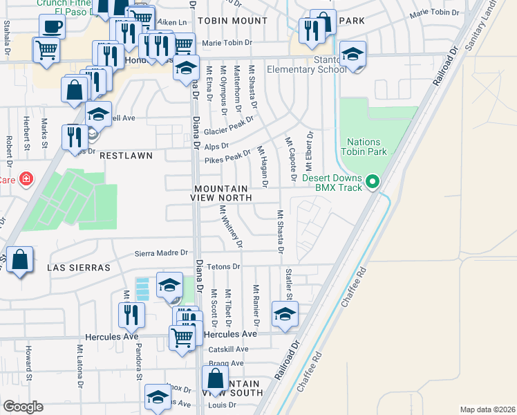 map of restaurants, bars, coffee shops, grocery stores, and more near 5115 Mount Hood Drive in El Paso