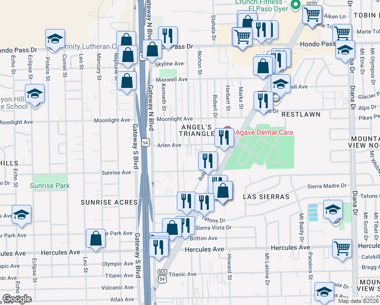 map of restaurants, bars, coffee shops, grocery stores, and more near 4515 Sunrise Avenue in El Paso