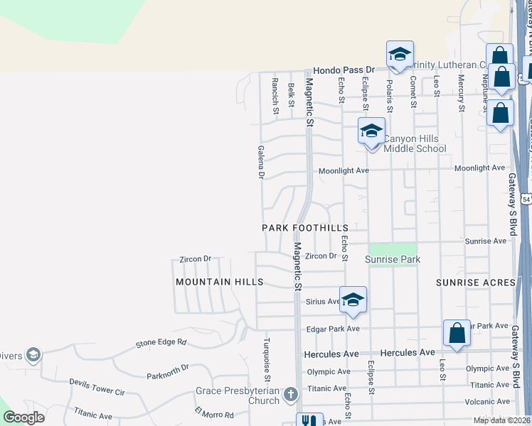 map of restaurants, bars, coffee shops, grocery stores, and more near 8711 Galena Drive in El Paso
