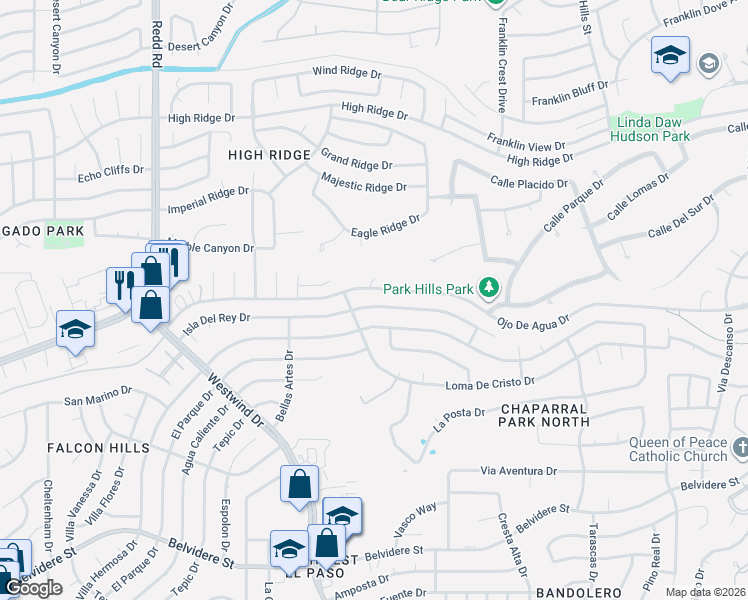 map of restaurants, bars, coffee shops, grocery stores, and more near 6565 Brisa Del Mar Drive in El Paso
