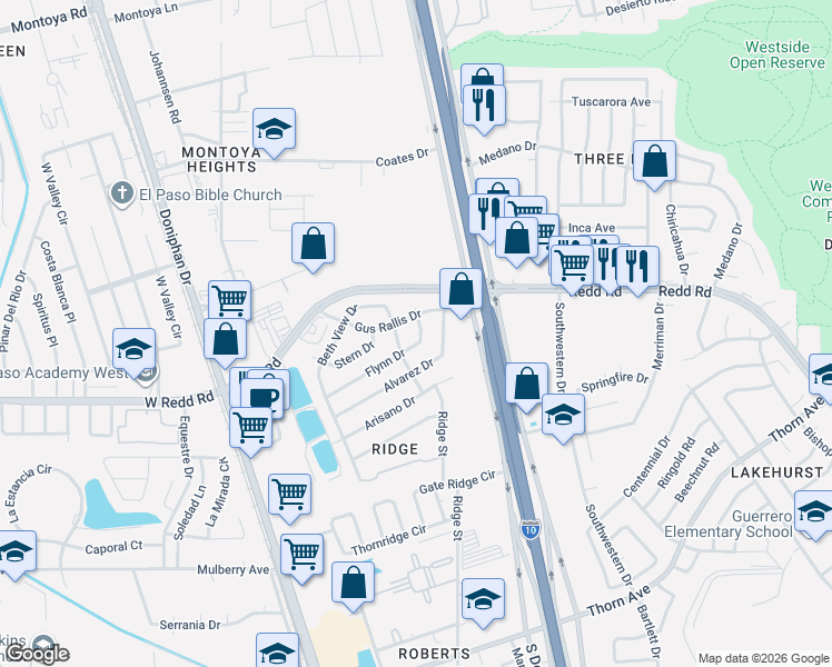 map of restaurants, bars, coffee shops, grocery stores, and more near 312 Flynn Drive in El Paso