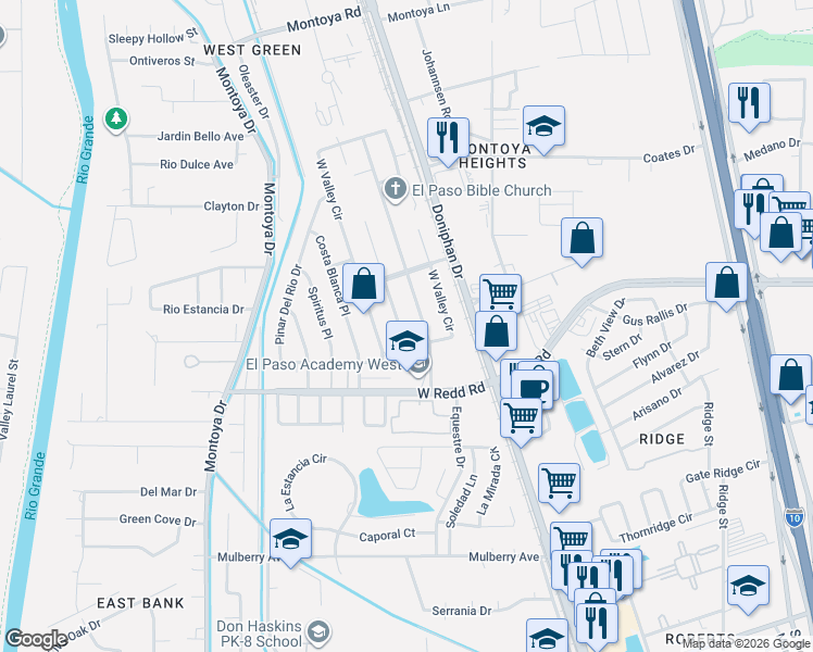 map of restaurants, bars, coffee shops, grocery stores, and more near 5625 Saplinas Road in El Paso