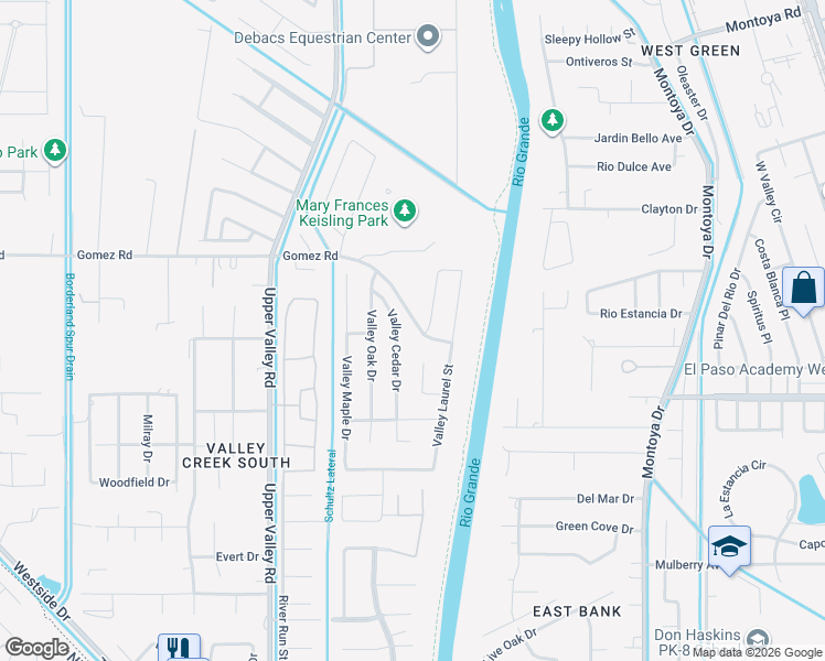 map of restaurants, bars, coffee shops, grocery stores, and more near 5636 Valley Cedar Drive in El Paso